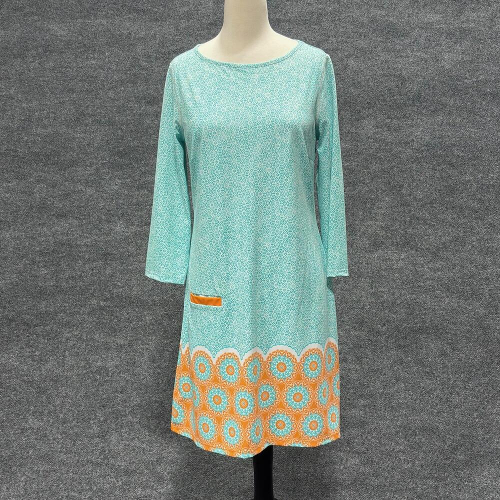 Cabana Life Cover Up Womens M Blue Geometric Tunic 3/4 Sleeve Pocket Beach Swim